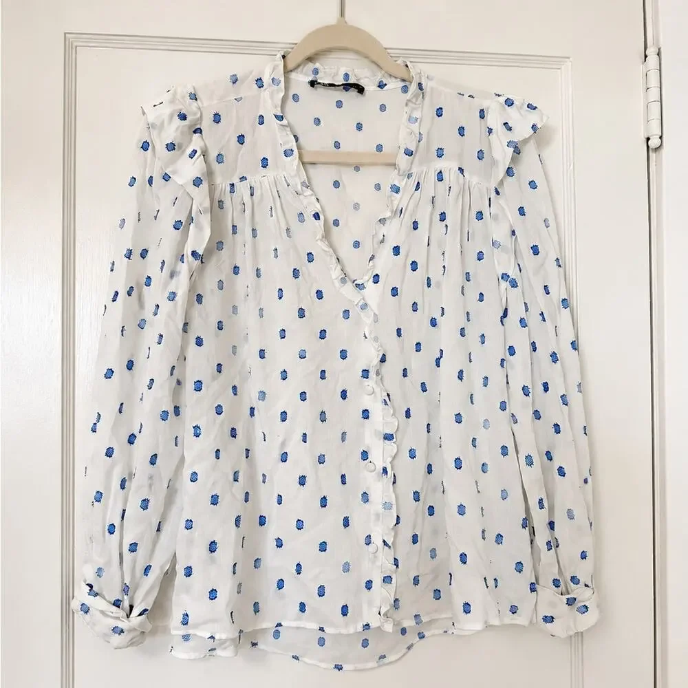 Zara Blue Embroidered Dot Ruffle Blouse – Women’s XS